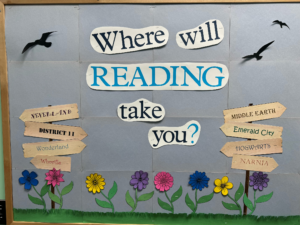 Spring themed bulletin board. "Where will reading take you? With various signposts displaying world titles.